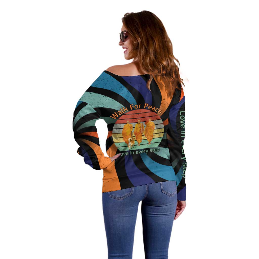 Buddhist Monks Walk For Peace Off Shoulder Sweater with Retro Sunset Swirl Pattern