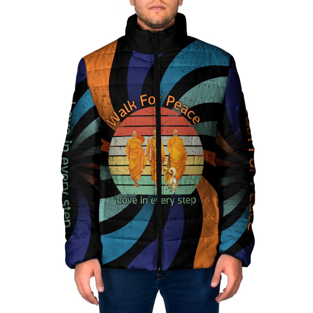 Buddhist Monks Walk For Peace Padded Jacket with Retro Sunset Swirl Pattern