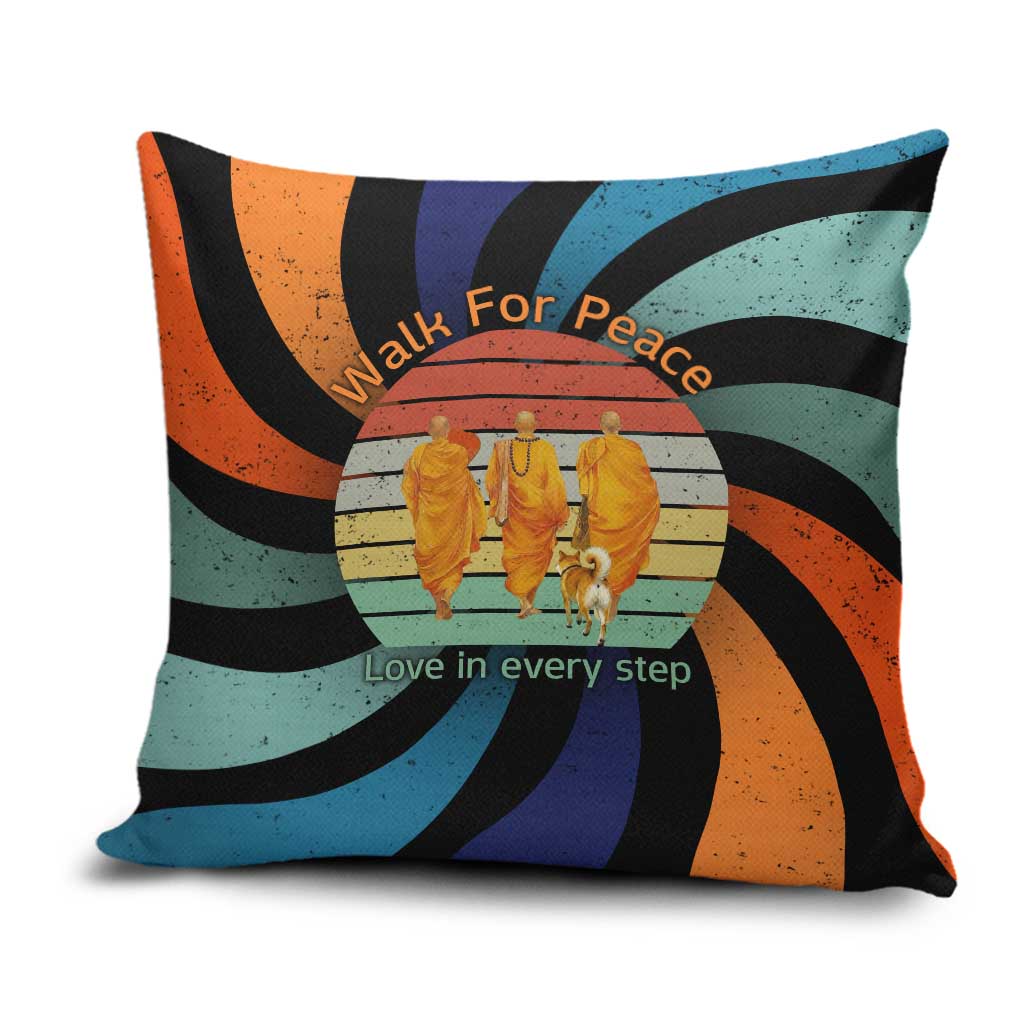 Buddhist Monks Walk For Peace Pillow Cover with Retro Sunset Swirl Pattern