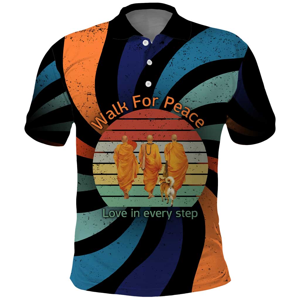 Buddhist Monks Walk For Peace Polo Shirt with Retro Sunset Swirl Pattern