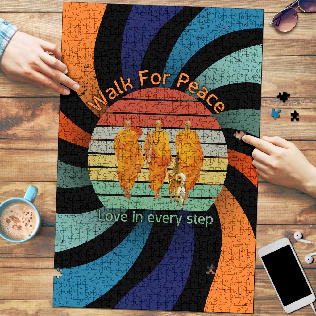 Buddhist Monks Walk For Peace Puzzle with Retro Sunset Swirl Pattern