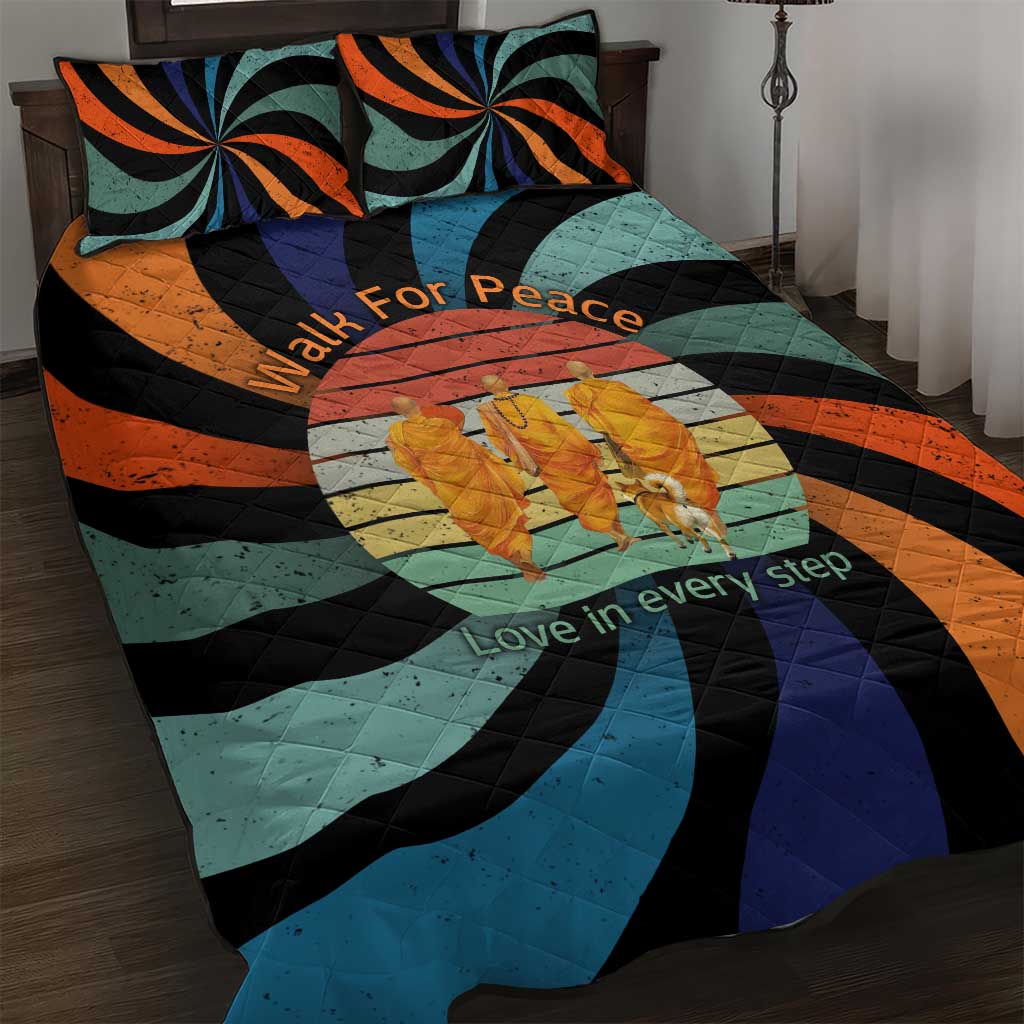 Buddhist Monks Walk For Peace Quilt Bed Set with Retro Sunset Swirl Pattern