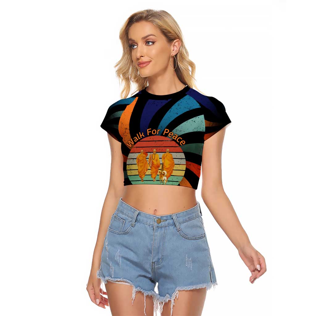 Buddhist Monks Walk For Peace Raglan Cropped T Shirt with Retro Sunset Swirl Pattern