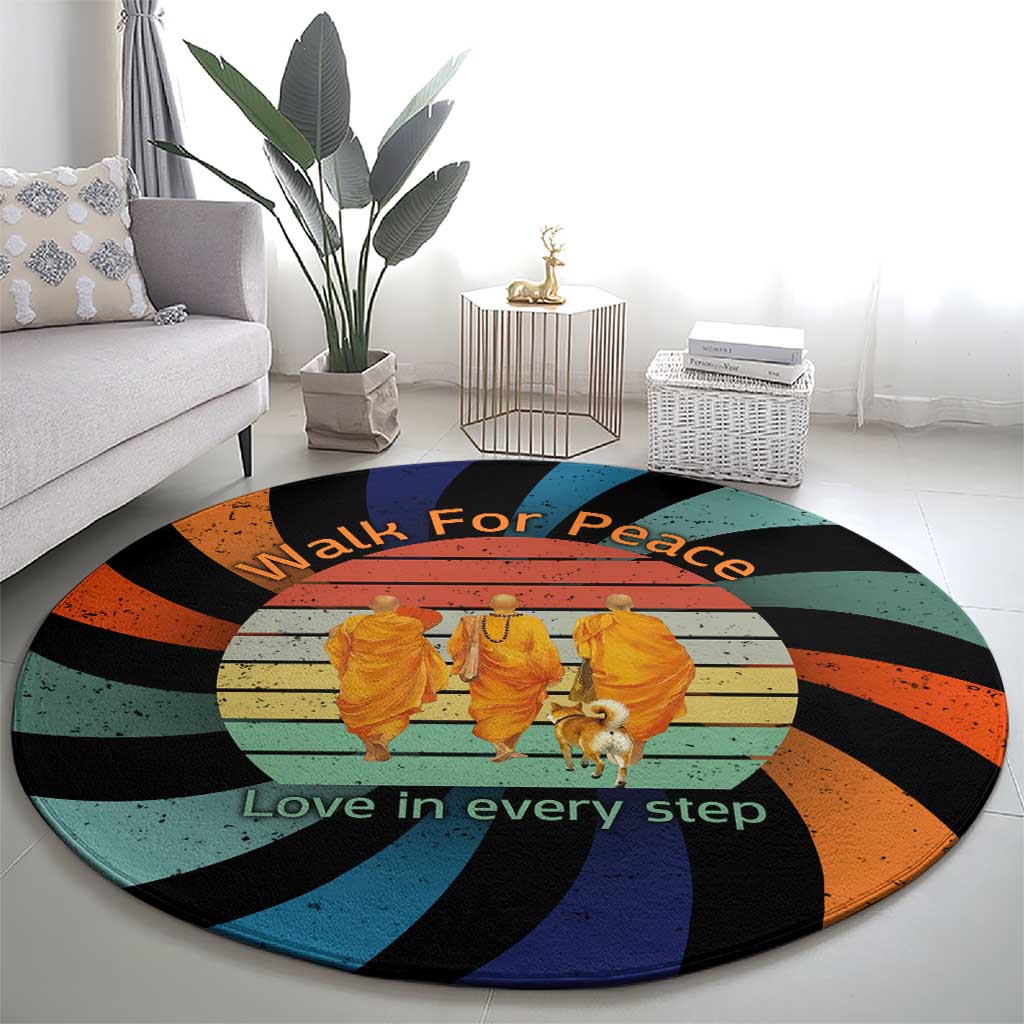Buddhist Monks Walk For Peace Round Carpet with Retro Sunset Swirl Pattern
