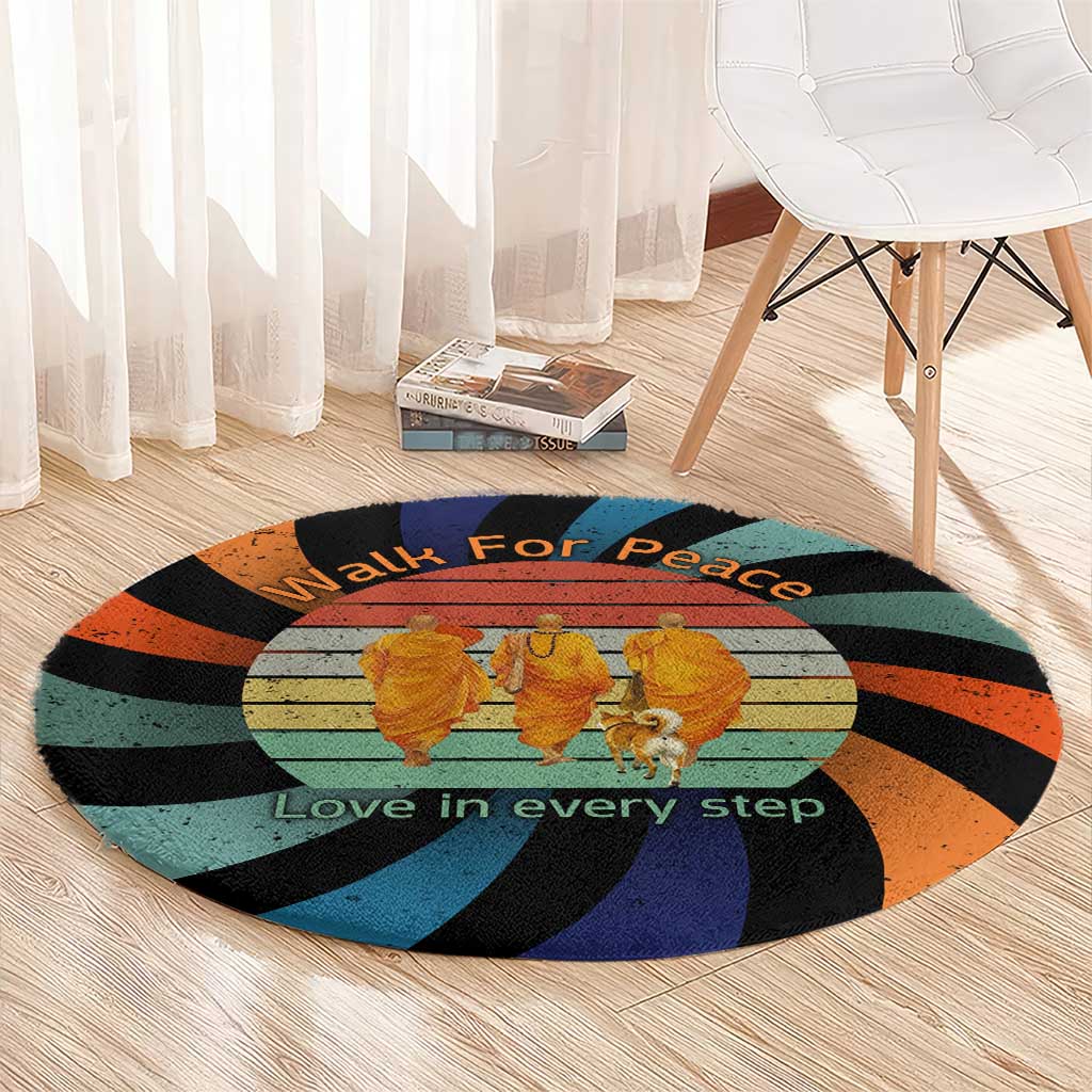 Buddhist Monks Walk For Peace Round Carpet with Retro Sunset Swirl Pattern