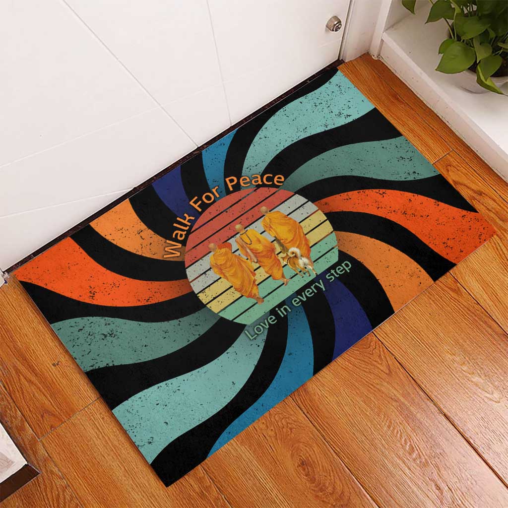Buddhist Monks Walk For Peace Rubber Doormat with Retro Sunset Swirl Pattern