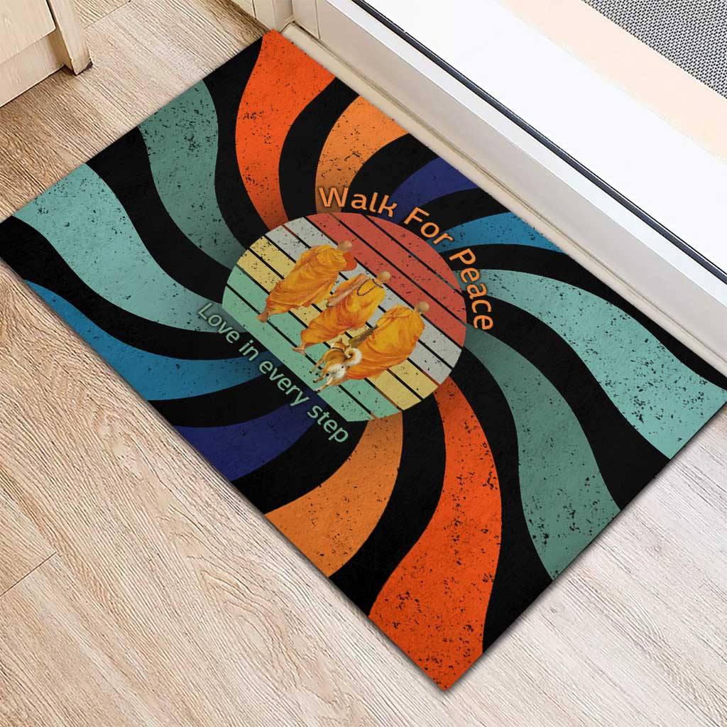 Buddhist Monks Walk For Peace Rubber Doormat with Retro Sunset Swirl Pattern