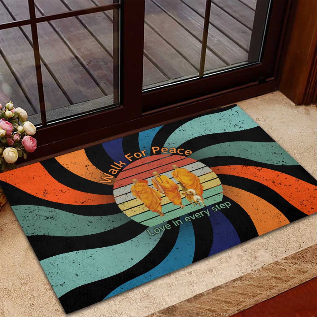 Buddhist Monks Walk For Peace Rubber Doormat with Retro Sunset Swirl Pattern