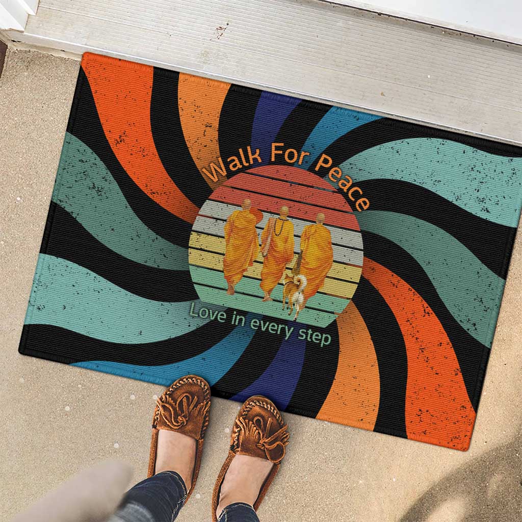 Buddhist Monks Walk For Peace Rubber Doormat with Retro Sunset Swirl Pattern
