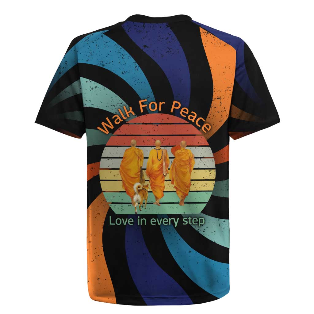 Buddhist Monks Walk For Peace Rugby Jersey with Retro Sunset Swirl Pattern
