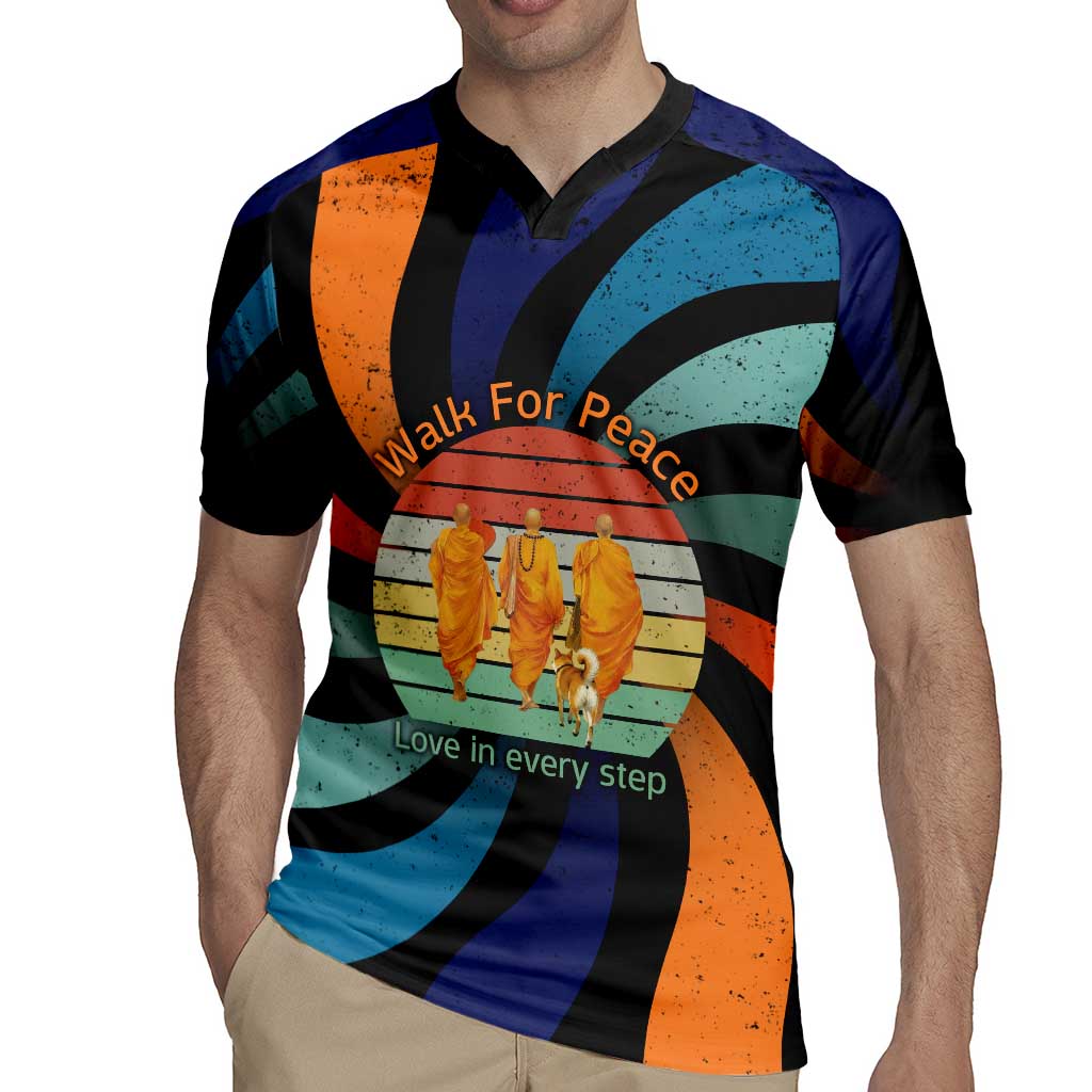 Buddhist Monks Walk For Peace Rugby Jersey with Retro Sunset Swirl Pattern