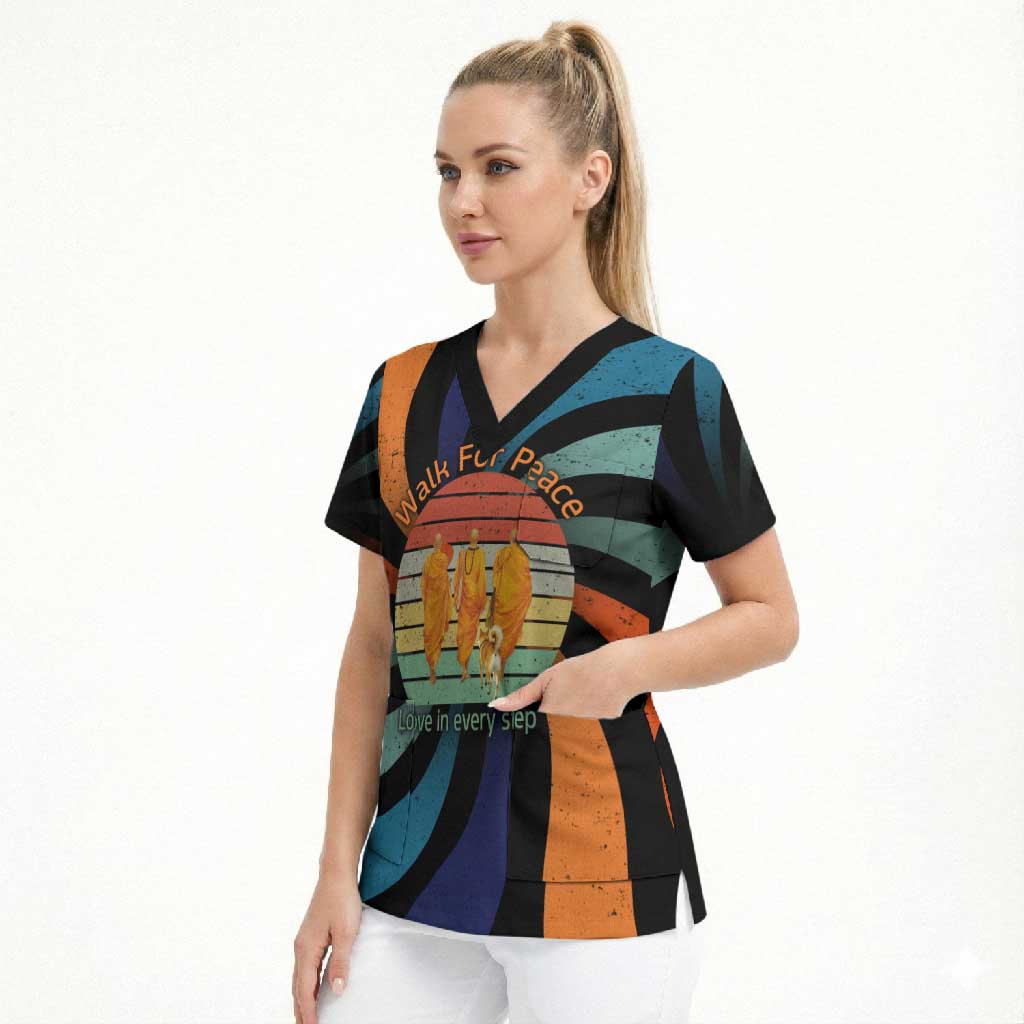 Buddhist Monks Walk For Peace Scrub Top with Retro Sunset Swirl Pattern