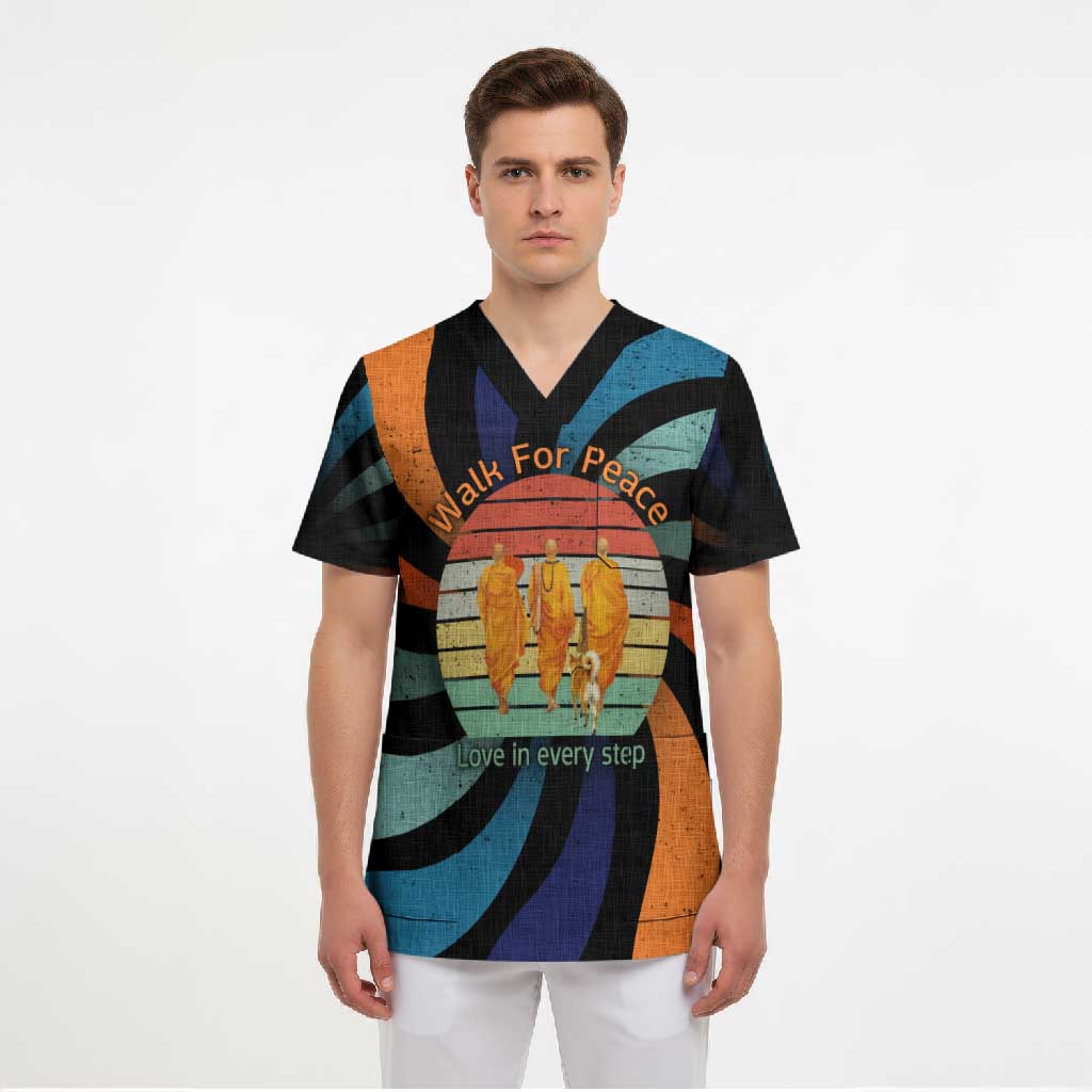 Buddhist Monks Walk For Peace Scrub Top with Retro Sunset Swirl Pattern