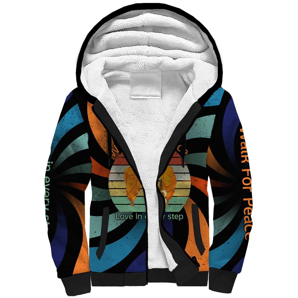 Buddhist Monks Walk For Peace Sherpa Hoodie with Retro Sunset Swirl Pattern