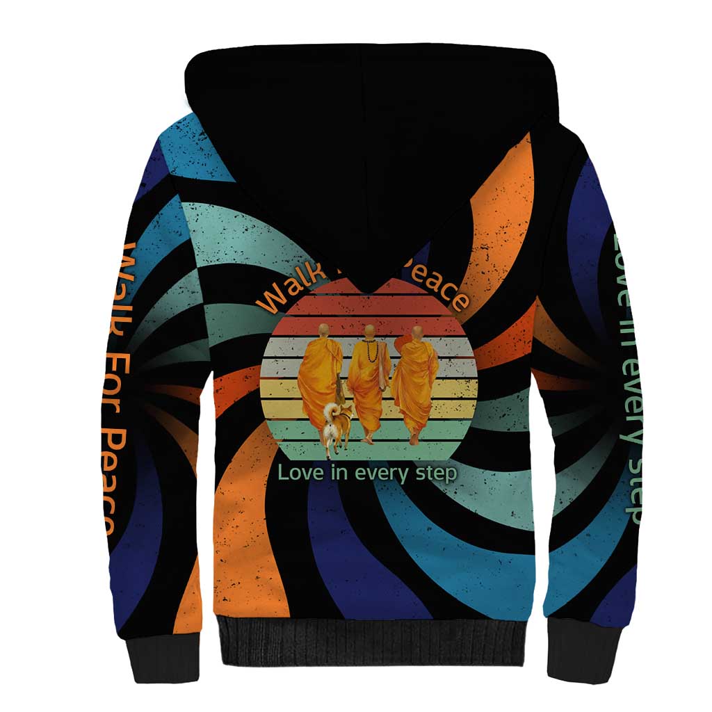Buddhist Monks Walk For Peace Sherpa Hoodie with Retro Sunset Swirl Pattern