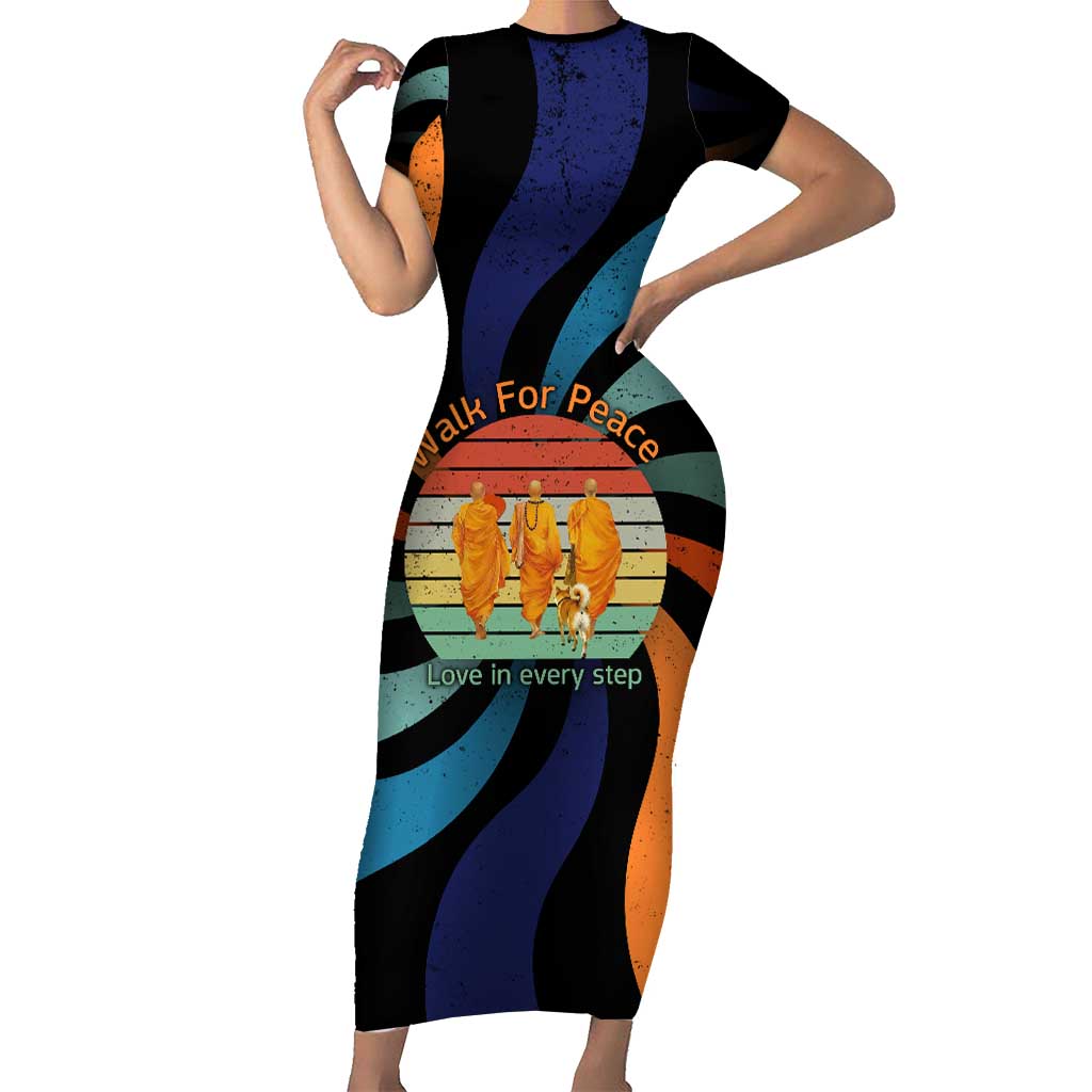 Buddhist Monks Walk For Peace Short Sleeve Bodycon Dress with Retro Sunset Swirl Pattern