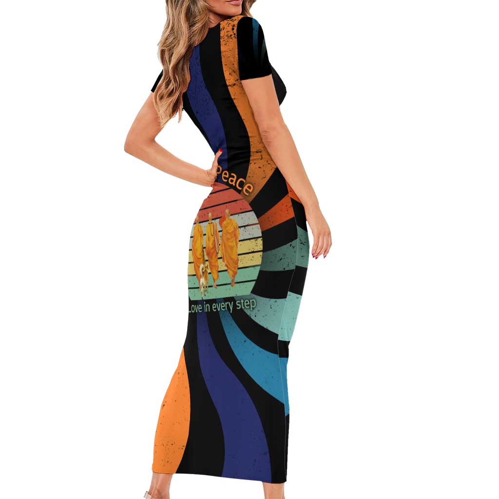 Buddhist Monks Walk For Peace Short Sleeve Bodycon Dress with Retro Sunset Swirl Pattern
