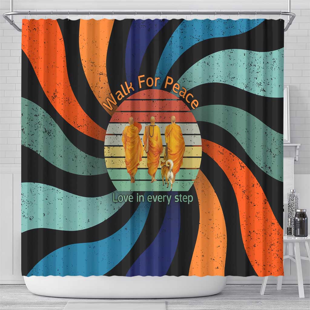 Buddhist Monks Walk For Peace Shower Curtain with Retro Sunset Swirl Pattern