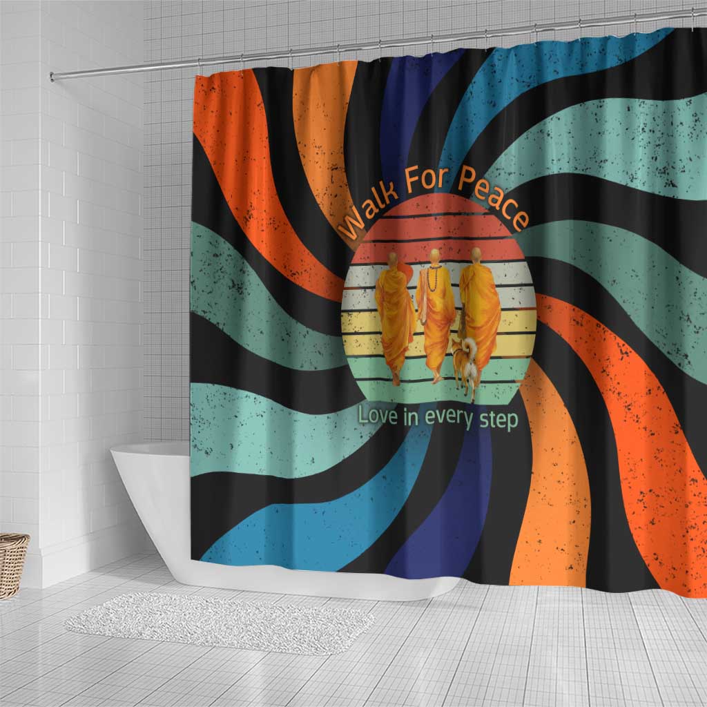 Buddhist Monks Walk For Peace Shower Curtain with Retro Sunset Swirl Pattern