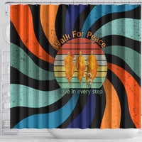 Buddhist Monks Walk For Peace Shower Curtain with Retro Sunset Swirl Pattern