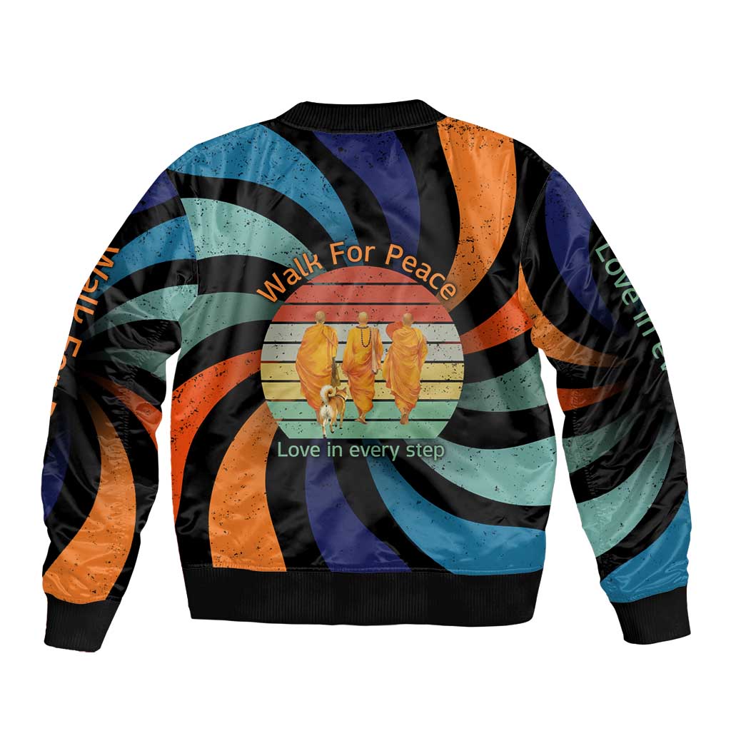 Buddhist Monks Walk For Peace Sleeve Zip Bomber Jacket with Retro Sunset Swirl Pattern