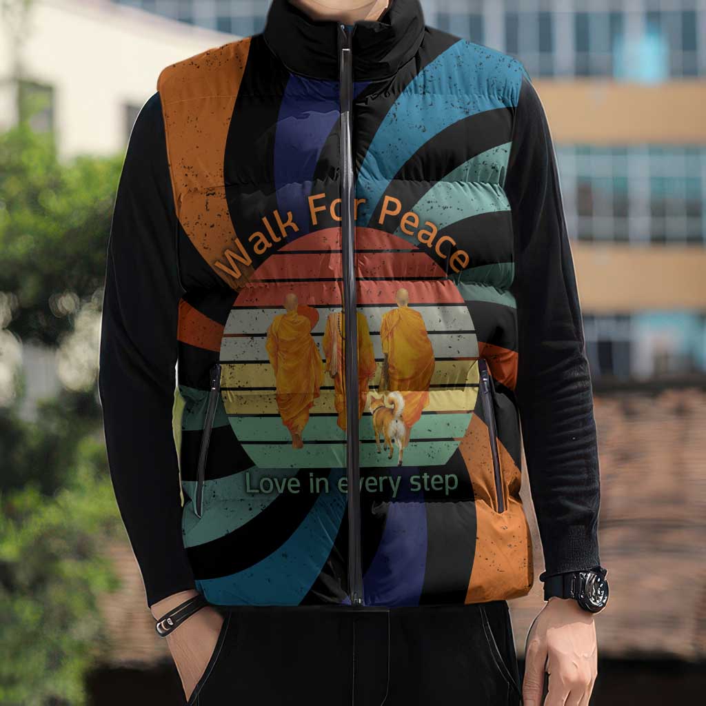 Buddhist Monks Walk For Peace Sleeveless Puffer Jacket with Retro Sunset Swirl Pattern