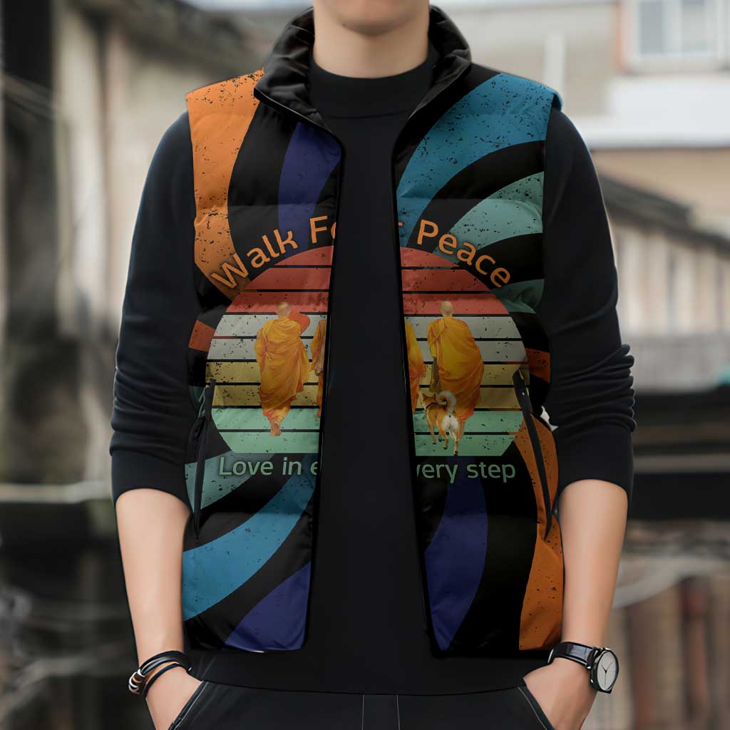 Buddhist Monks Walk For Peace Sleeveless Puffer Jacket with Retro Sunset Swirl Pattern