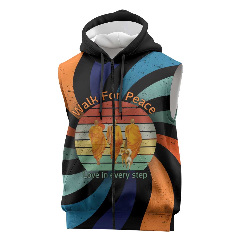Buddhist Monks Walk For Peace Sleeveless Zip Hoodie with Retro Sunset Swirl Pattern