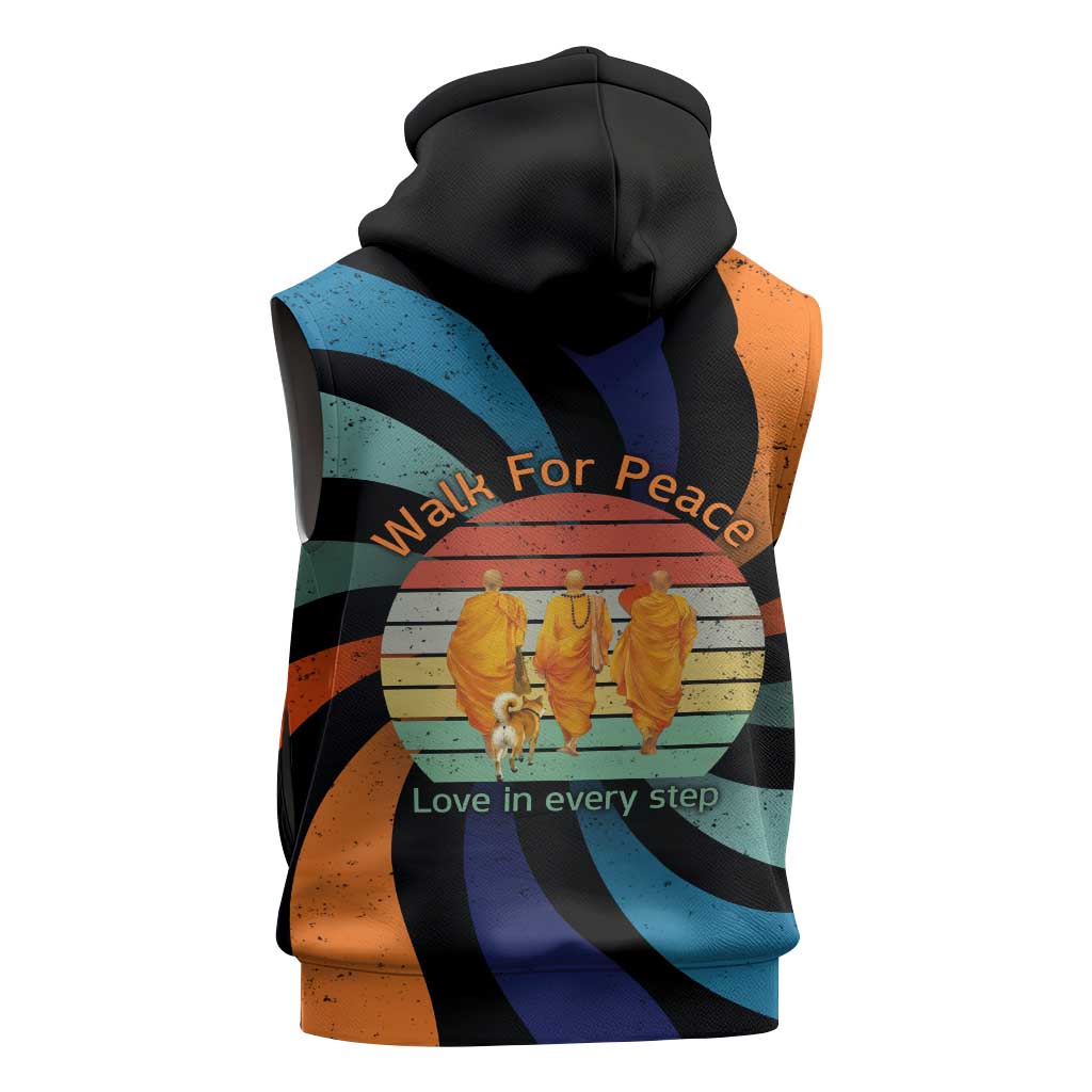 Buddhist Monks Walk For Peace Sleeveless Zip Hoodie with Retro Sunset Swirl Pattern
