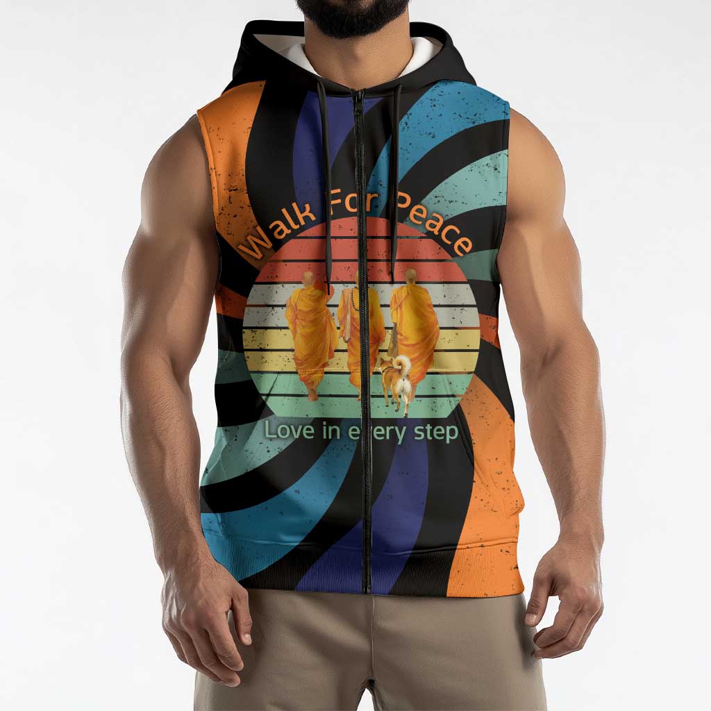 Buddhist Monks Walk For Peace Sleeveless Zip Hoodie with Retro Sunset Swirl Pattern