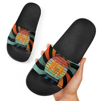 Buddhist Monks Walk For Peace Slide Sandals with Retro Sunset Swirl Pattern