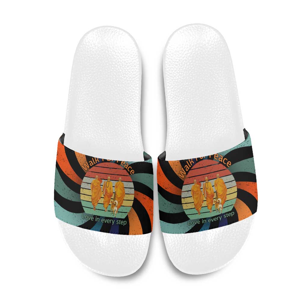 Buddhist Monks Walk For Peace Slide Sandals with Retro Sunset Swirl Pattern