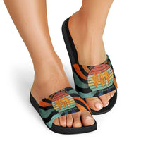 Buddhist Monks Walk For Peace Slide Sandals with Retro Sunset Swirl Pattern