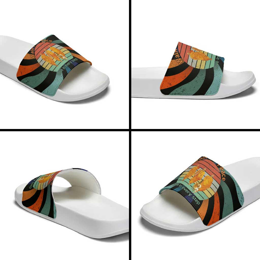 Buddhist Monks Walk For Peace Slide Sandals with Retro Sunset Swirl Pattern