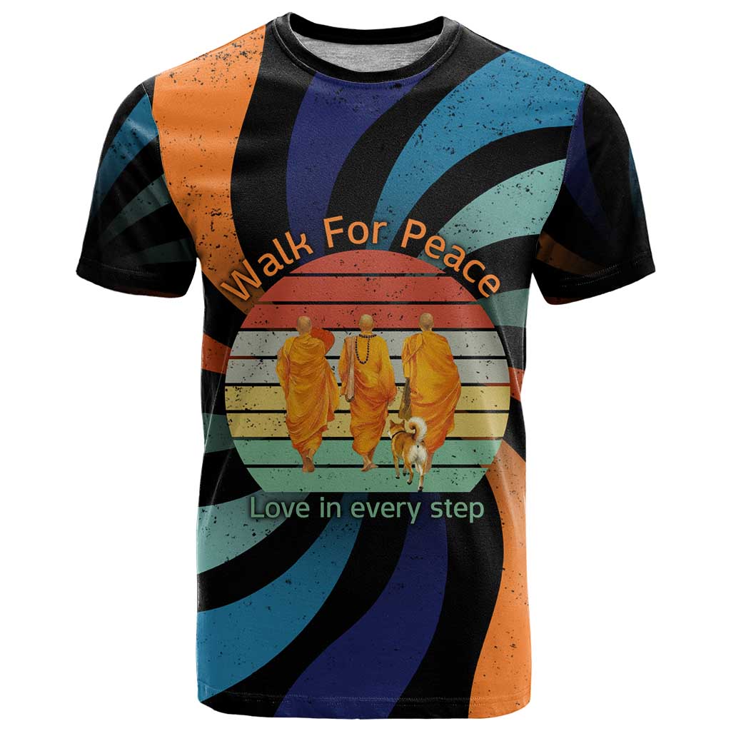 Buddhist Monks Walk For Peace T Shirt with Retro Sunset Swirl Pattern