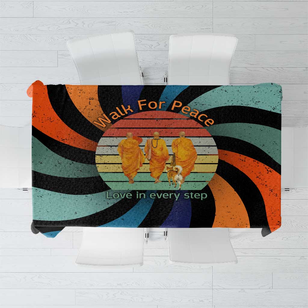 Buddhist Monks Walk For Peace Tablecloth with Retro Sunset Swirl Pattern