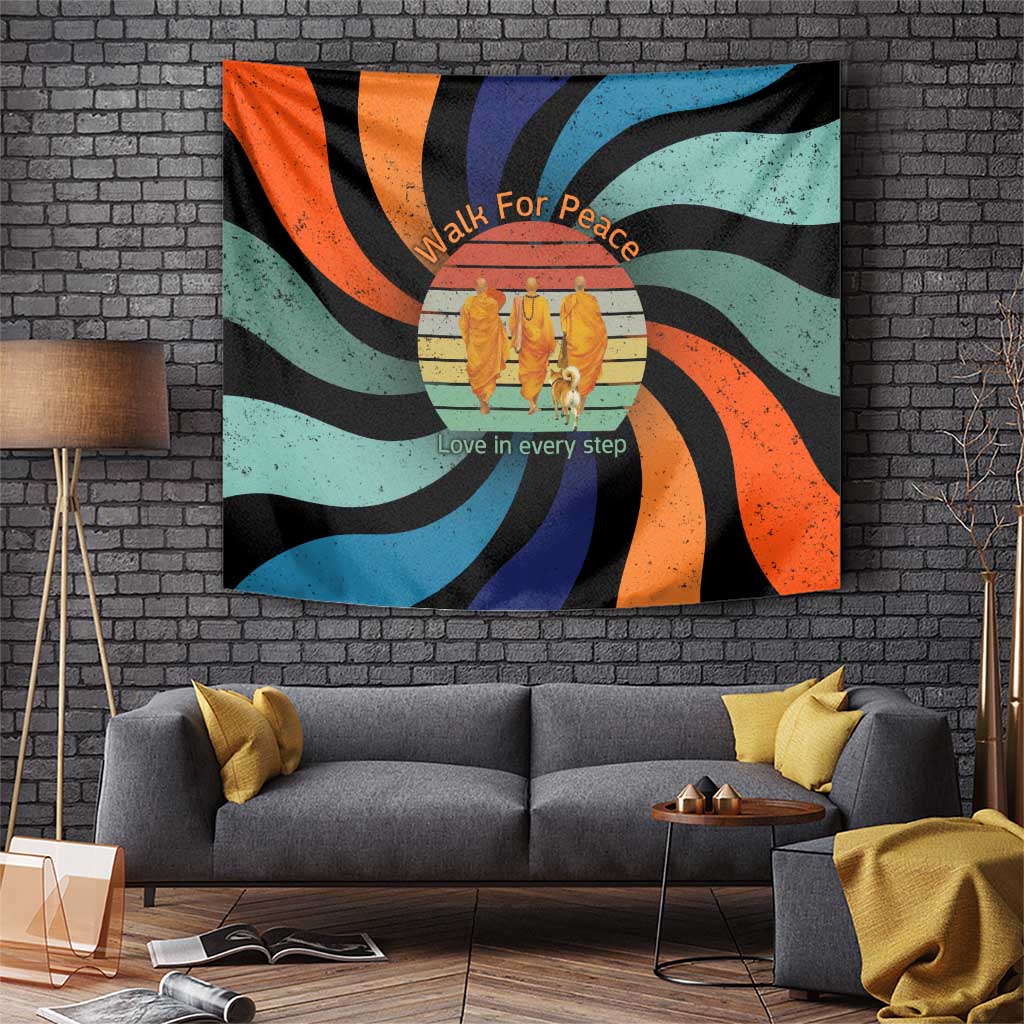 Buddhist Monks Walk For Peace Tapestry with Retro Sunset Swirl Pattern