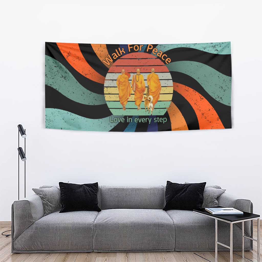 Buddhist Monks Walk For Peace Tapestry with Retro Sunset Swirl Pattern