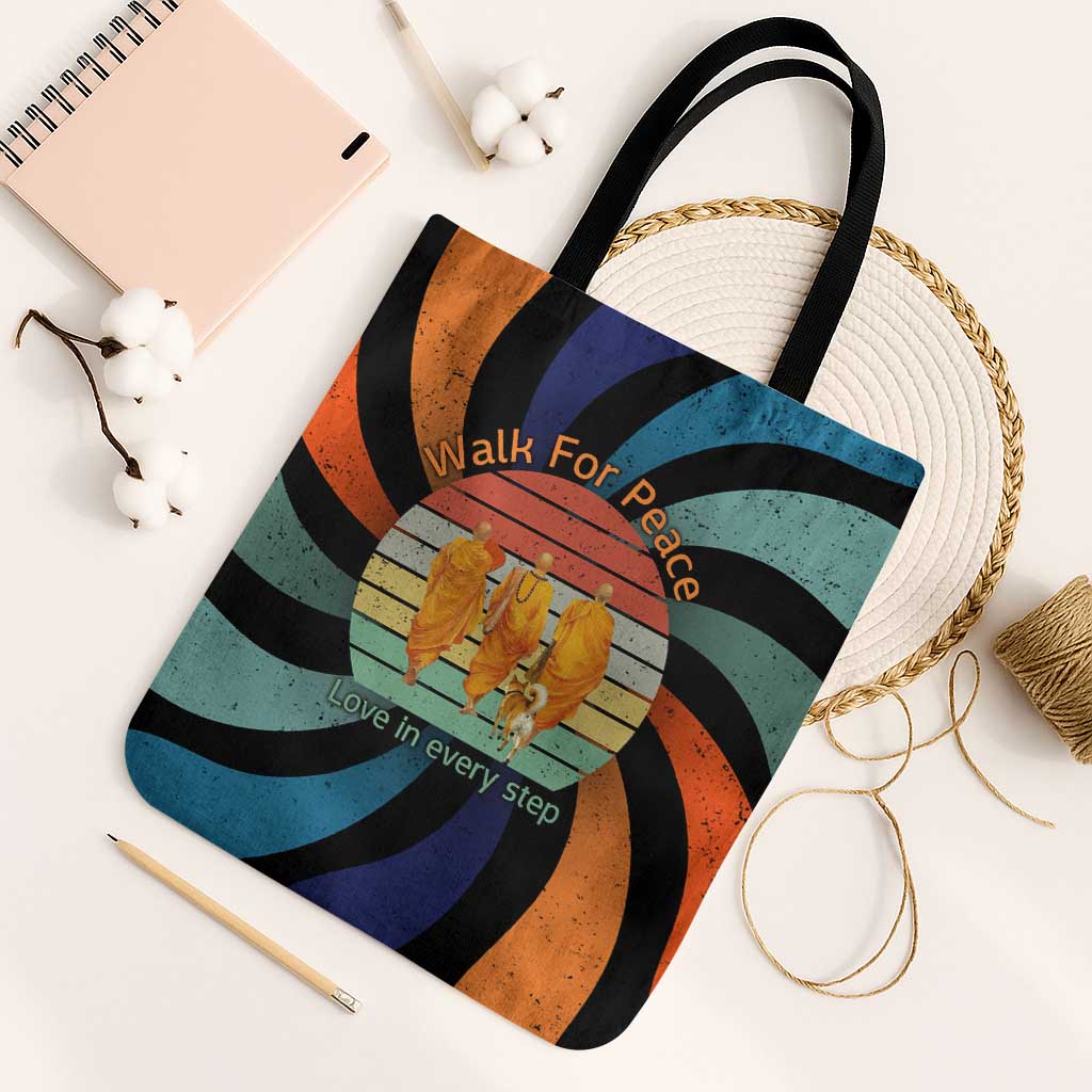 Buddhist Monks Walk For Peace Tote Bag with Retro Sunset Swirl Pattern