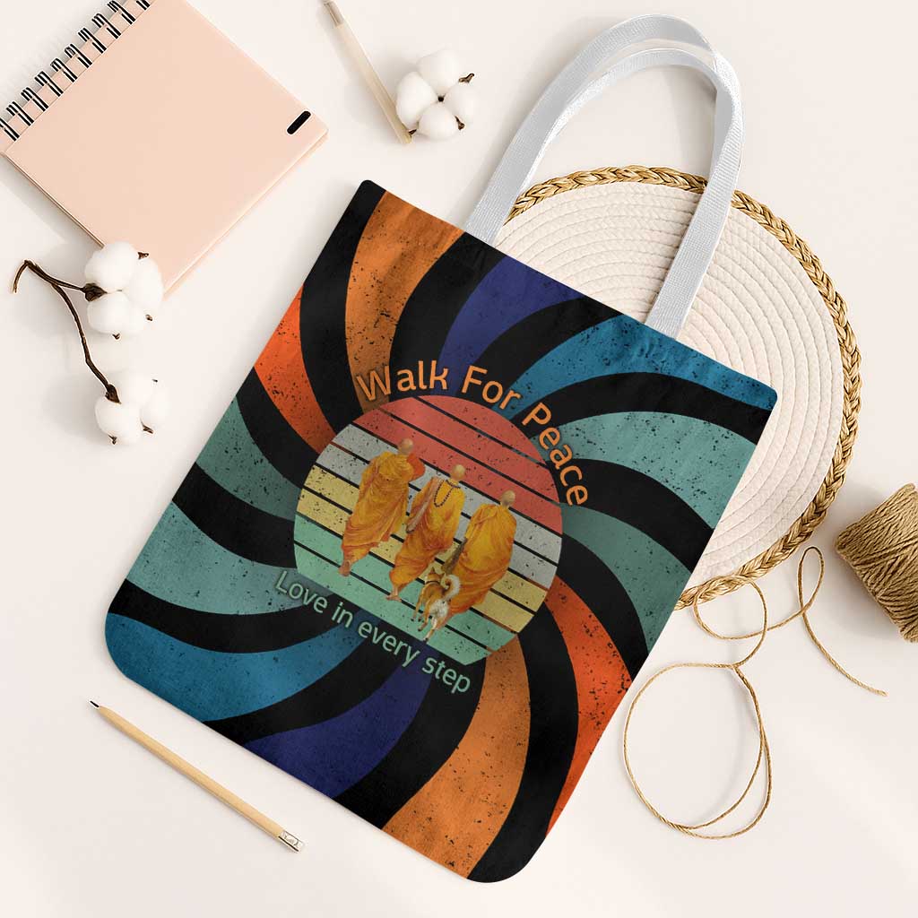 Buddhist Monks Walk For Peace Tote Bag with Retro Sunset Swirl Pattern