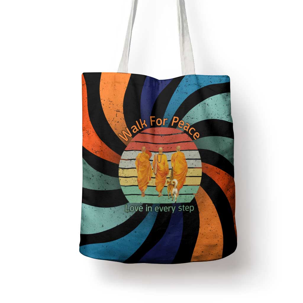 Buddhist Monks Walk For Peace Tote Bag with Retro Sunset Swirl Pattern