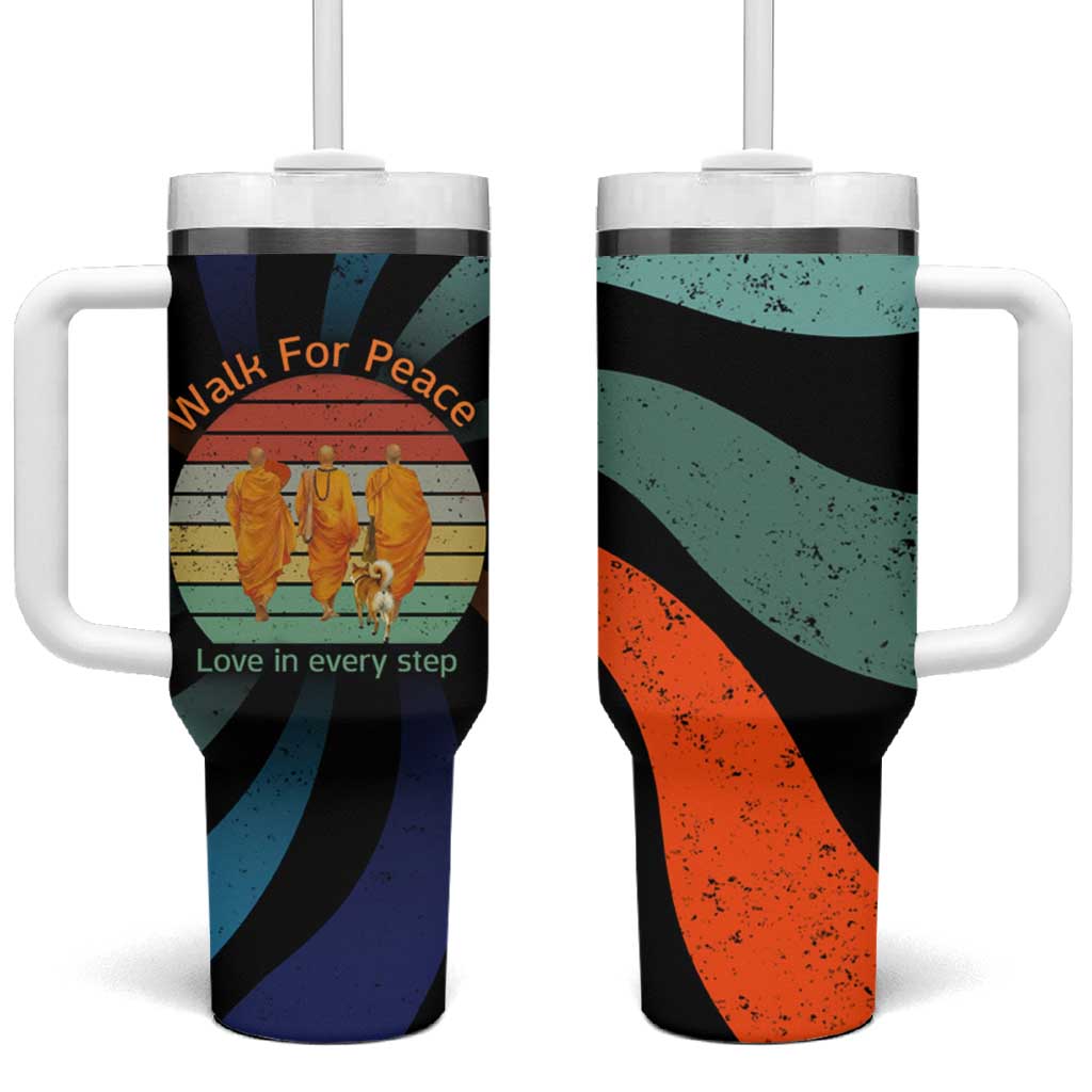Buddhist Monks Walk For Peace Tumbler With Handle with Retro Sunset Swirl Pattern