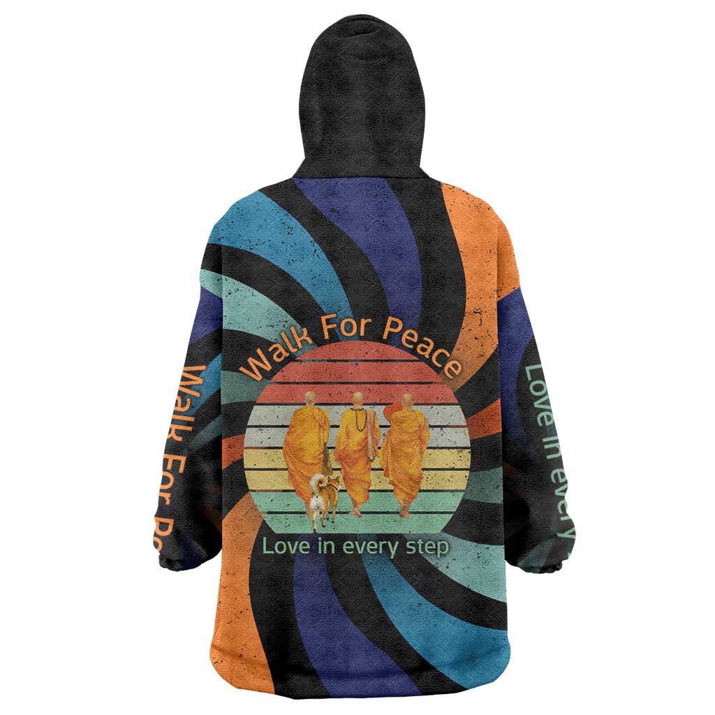 Buddhist Monks Walk For Peace Wearable Blanket Hoodie with Retro Sunset Swirl Pattern