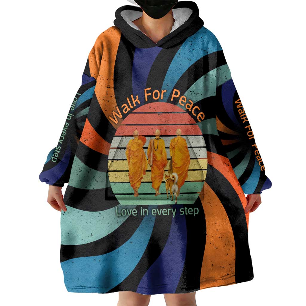 Buddhist Monks Walk For Peace Wearable Blanket Hoodie with Retro Sunset Swirl Pattern