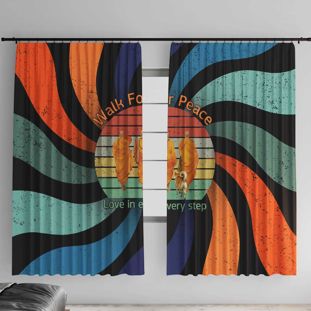 Buddhist Monks Walk For Peace Window Curtain with Retro Sunset Swirl Pattern
