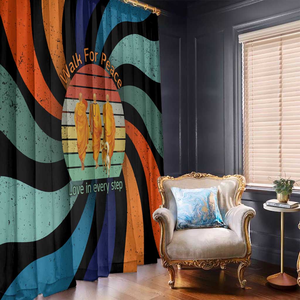 Buddhist Monks Walk For Peace Window Curtain with Retro Sunset Swirl Pattern