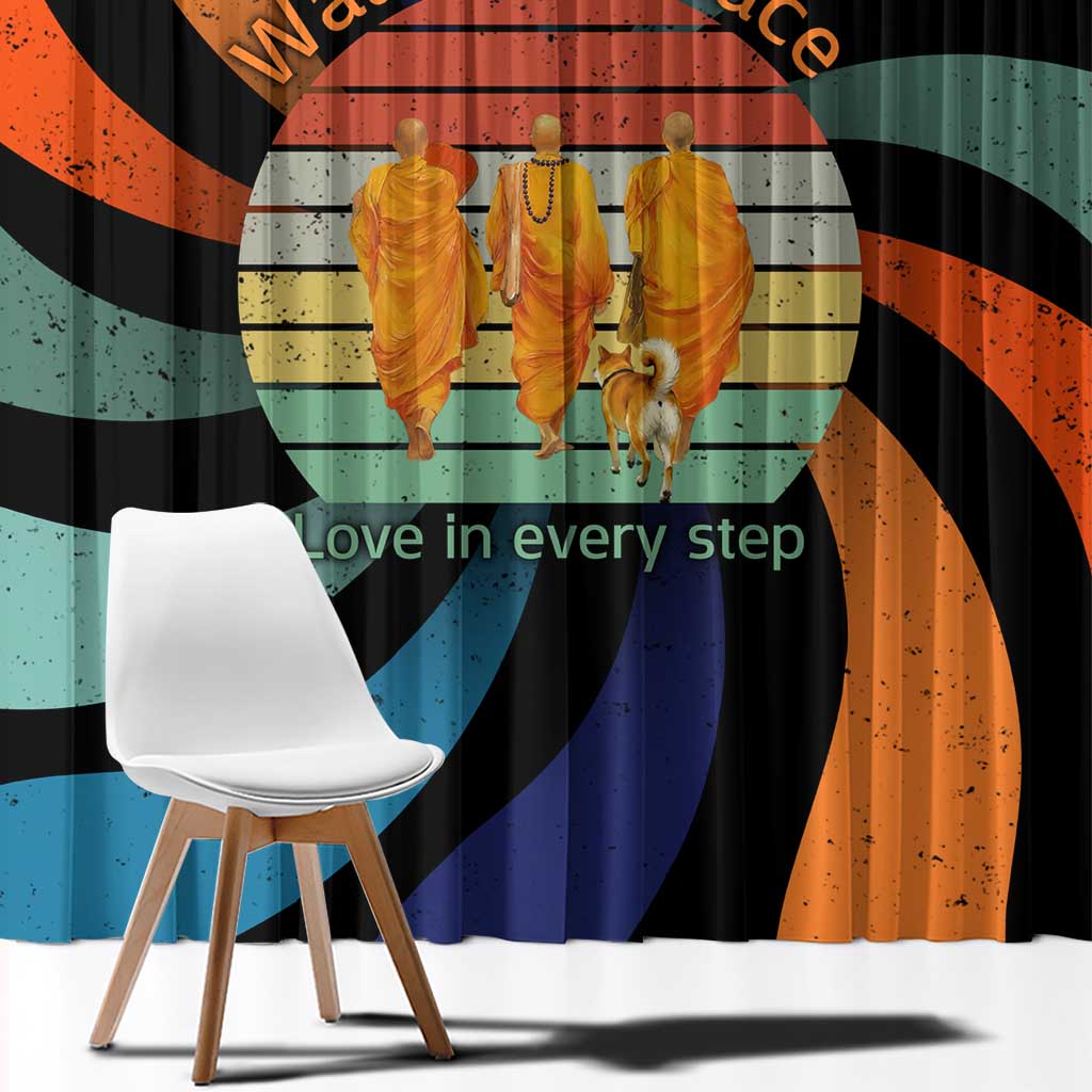 Buddhist Monks Walk For Peace Window Curtain with Retro Sunset Swirl Pattern