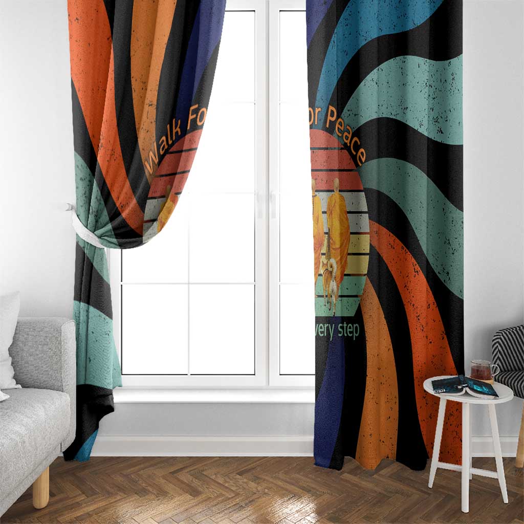 Buddhist Monks Walk For Peace Window Curtain with Retro Sunset Swirl Pattern