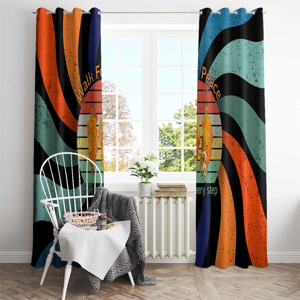 Buddhist Monks Walk For Peace Window Curtain with Retro Sunset Swirl Pattern