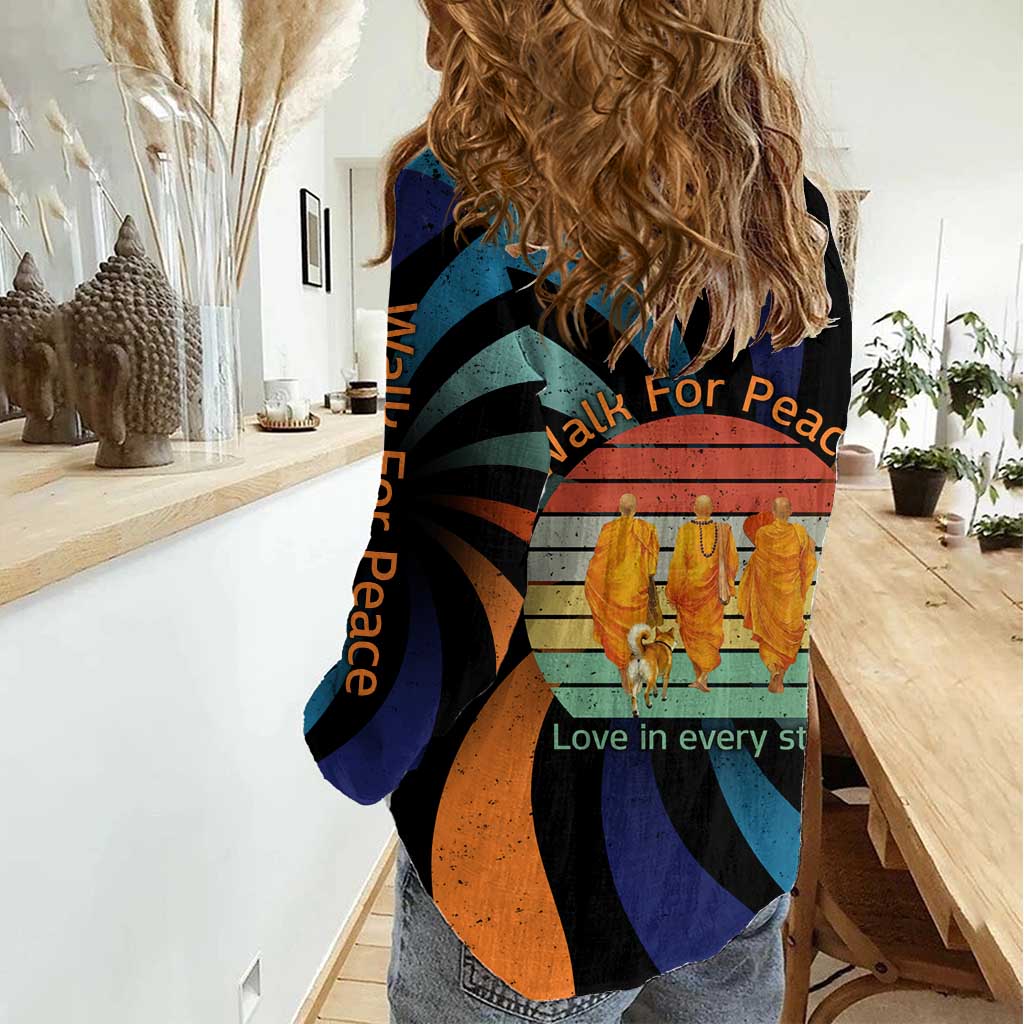 Buddhist Monks Walk For Peace Women Casual Shirt with Retro Sunset Swirl Pattern